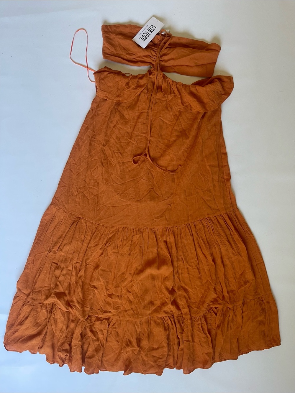 12th Tribe Rust Orange Strapless Tiered Midi Dress